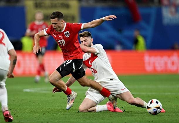 Football Euro 2024 Round of 16 02 07 2024 Austria Turkey Christoph Baumgartner left, Austria vs Ismail Yueksek right, Turkey