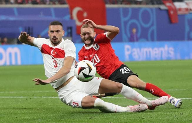 02 07 2024, xtgx, European Football Championship 2024 1 8 Final, Austria Turkey emspor, v l Merih Demiral Turkey Turkey , Konrad Laimer Austria UEFA REGULATIONS PROHIBIT ANY USE OF PHOTOGRAPHS as IMAGE SEQUENCES and or QUASI VIDEO Leipzig
