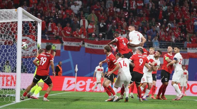 Leipzig, Germany, 2nd July 2024. Merih Demiral of Turkey (C) scores the second goal during the UEFA European Championships Round of 16 match at Leipzig Stadium, Leipzig. Picture credit should read: Paul Terry Sportimage EDITORIAL USE ONLY. No use with unauthorised audio, video, data, fixture lists, club league logos or live services. Online in-match use limited to 120 images, no video emulation. No use in betting, games or single club league player publications. SPI-3215-0058