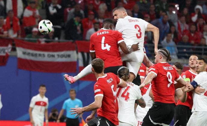 Leipzig, Germany, 2nd July 2024. Merih Demiral of Turkey (C) scores the second goal during the UEFA European Championships Round of 16 match at Leipzig Stadium, Leipzig. Picture credit should read: Paul Terry Sportimage EDITORIAL USE ONLY. No use with unauthorised audio, video, data, fixture lists, club league logos or live services. Online in-match use limited to 120 images, no video emulation. No use in betting, games or single club league player publications. SPI-3215-0059