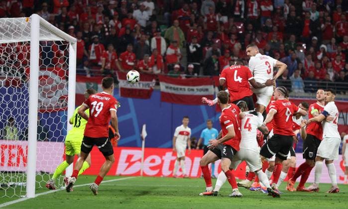 Leipzig, Germany, 2nd July 2024. Merih Demiral of Turkey (C) scores the second goal during the UEFA European Championships Round of 16 match at Leipzig Stadium, Leipzig. Picture credit should read: Paul Terry Sportimage EDITORIAL USE ONLY. No use with unauthorised audio, video, data, fixture lists, club league logos or live services. Online in-match use limited to 120 images, no video emulation. No use in betting, games or single club league player publications. SPI-3215-0060
