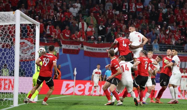 Leipzig, Germany, 2nd July 2024. Merih Demiral of Turkey (C) scores the second goal during the UEFA European Championships Round of 16 match at Leipzig Stadium, Leipzig. Picture credit should read: Paul Terry Sportimage EDITORIAL USE ONLY. No use with unauthorised audio, video, data, fixture lists, club league logos or live services. Online in-match use limited to 120 images, no video emulation. No use in betting, games or single club league player publications. SPI-3215-0061