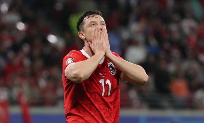Michael Gregoritsch disappointed after missed goal chance Disappointment Sport Football Soccer European Championship Euro 2024 European Championship Men Season 2023 2024 02 07 2024 Austria AUT vs Turkey TUR in Leipzig DFL regulations prohibit any use of photographs as image sequences and or quasi video