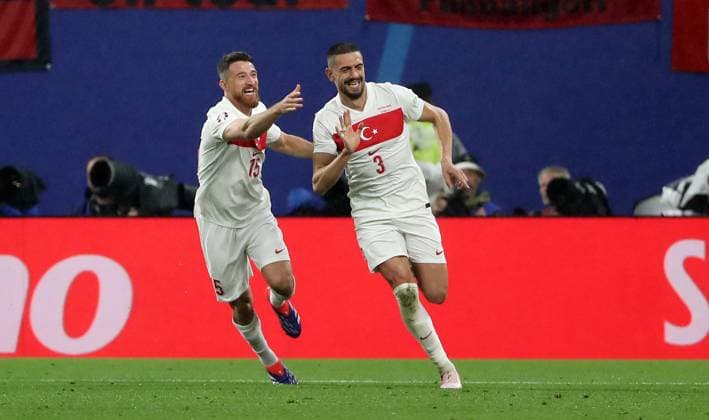 Merih Demiral cheers after 0 2 joy emotion jubilation Sport Football Soccer European Championship Euro 2024 European Championship Men Season 2023 2024 02 07 2024 Austria AUT vs Turkey TUR in Leipzig DFL regulations prohibit any use of photographs as image sequences and or quasi video