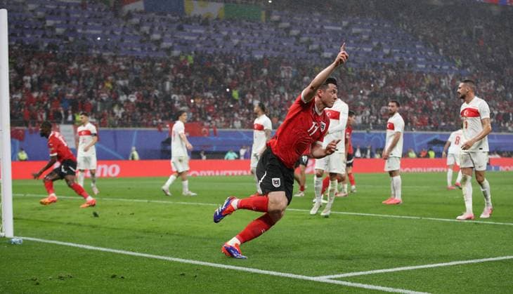 02 07 2024, xtgx, Football EM 2024 1 8 Final, Austria Turkey emspor, v l Michael Gregoritsch Oesterreich Goal scored, erziehlt das Tor zum 2 1 celebrate the goal, Der Torjubel zum UEFA REGULATIONS PROHIBIT ANY USE OF PHOTOGRAPHS as IMAGE SEQUENCES and or QUASI VIDEO Leipzig