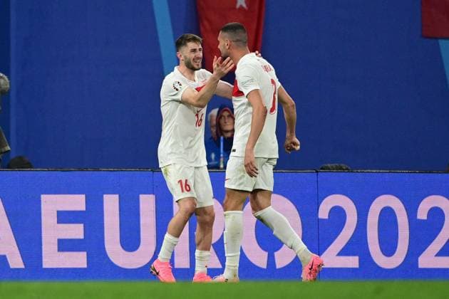 Goal celebration of Ismail Yueksek 16 Turkey , Merih Demiral 3 Turkey to 0 2, Austria vs Turkey, Football, UEFA Euro 2024, Round of 16, 02 07 2024 Leipzig Saxony Germany Copyright: xkolbert-press MarcxNiemeyerx