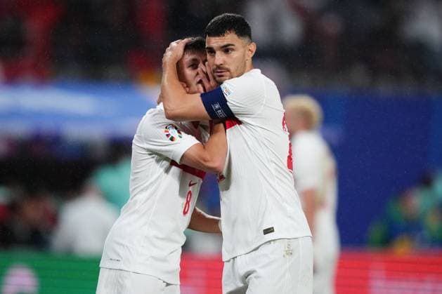 GER: Austria v Turkiye. UEFA EURO, EM, Europameisterschaft,Fussball 2024 Arda Guler with Kaan Ayhan of Turkiye during the UEFA Euro 2024 match between Austria and Turkiye, Round of 16, played at Red Bull Arena Stadium on July 2, 2024 in Leipzig, Germany. kpng Copyright: xBaguxBlancox xPRESSINPHOTOx PS_240702_AUS_TUR_025