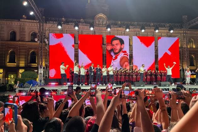 GEORGIA, TBILISI - JULY 2, 2024: Fans gather in Liberty Square to welcome the Georgia national football team. On June 30, Team Georgia lost to Team Spain in the UEFA EURO, EM, Europameisterschaft,Fussball 2024 Round of 16. Euro 2024 is Team Georgia s first ever international tournament. Mikhail Yegikov TASS  0705097894st