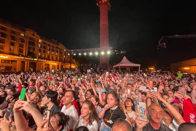 GEORGIA, TBILISI - JULY 2, 2024: Fans gather in Liberty Square to welcome the Georgia national football team. On June 30, Team Georgia lost to Team Spain in the UEFA EURO, EM, Europameisterschaft,Fussball 2024 Round of 16. Euro 2024 is Team Georgia s first ever international tournament. Mikhail Yegikov TASS  0705097910st