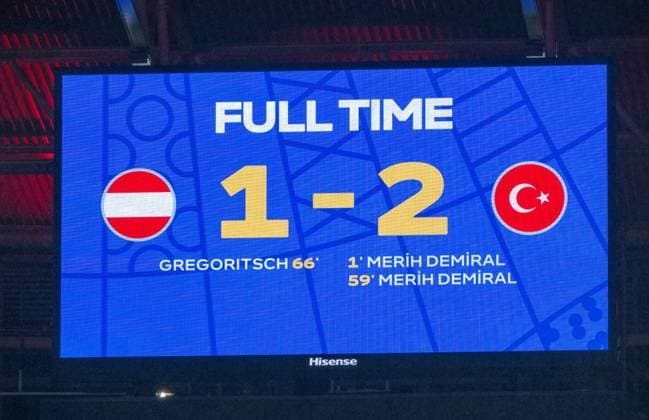 Soccer, men, season 2023 24, UEFA Euro EM 2024, round of 16 in Leipzig, Austria Turkey, scoreboard with 1 2 final score, 02 07 2024, Copyright: xMatthiasxKochx