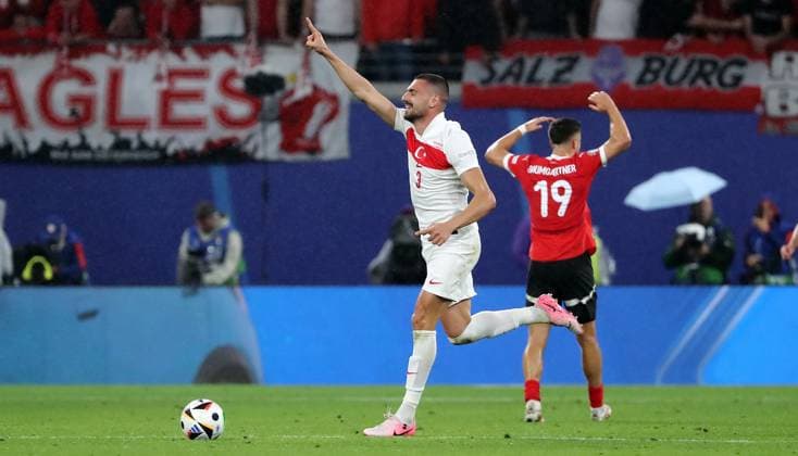 Merih Demiral cheers after 0 2 joy emotion jubilation Sport Football Soccer European Championship Euro 2024 European Championship Men Season 2023 2024 02 07 2024 Austria AUT vs Turkey TUR in Leipzig DFL regulations prohibit any use of photographs as image sequences and or quasi video