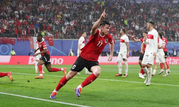 Michael Gregoritsch cheers after 1 2 joy emotion jubilation Sport Football Soccer European Championship Euro 2024 European Championship Men Season 2023 2024 02 07 2024 Austria AUT vs Turkey TUR in Leipzig DFL regulations prohibit any use of photographs as image sequences and or quasi video