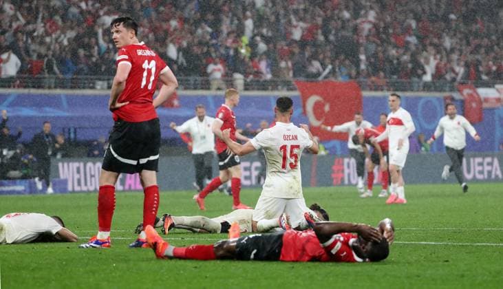 Michael Gregoritsch, Kevin Danso disappointed, behind him Okay Yokuslu cheers after the end of the match Sport Football Soccer European Championship Euro 2024 European Championship Men Season 2023 2024 02 07 2024 Austria AUT vs Turkey TUR in Leipzig DFL regulations prohibit any use of photographs as image sequences and or quasi video