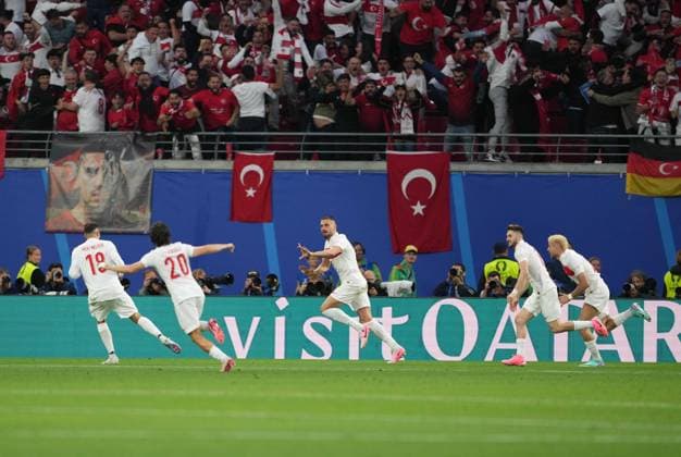 Euro 2024 - Turkey Beat Austria Turkiye s player Merih Demiral celebrates his goal with teammates during UEFA EURO, EM, Europameisterschaft,Fussball 2024 football match between Turkiye and Austria at Red Bull Arena in Leipzig, Germany, on July 2, 2024. Photo by Mehmet Sirin Toplaoglu Depo Photos ABACAPRESS.COM Leipzig Germany  Copyright: xDepoxPhotos ABACAx