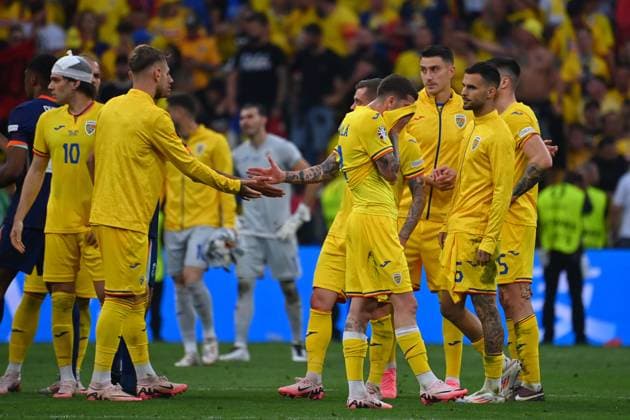 Player Romania after the end of the match, disappointment,frustration,disappointed,frustrated,dejected, round of 16 Romania ROU Netherlands NED 0 3 on 02 07 2024, Football Arena Munich Football UEFA EURO 2024 GERMANY from 14 06 2024 14 07 2024 Â