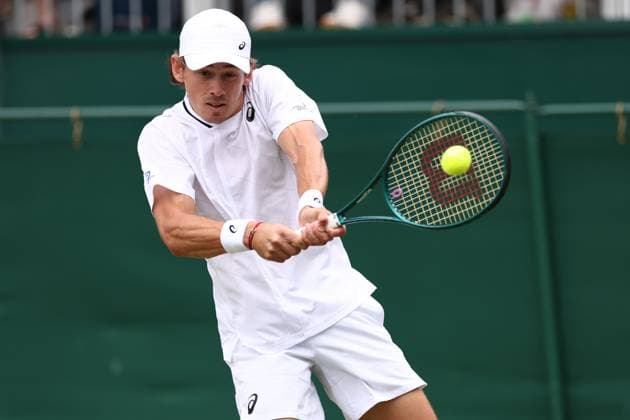 2nd July 2024; All England Lawn Tennis and Croquet Club, London, England; Wimbledon Tennis Tournament, Day 2; Alex de Minaur (AUS) in action during his first round match against James Duckworth (AUS)  ActionPlus12663062 ShaunxBrooks