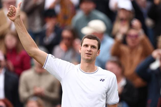 2nd July 2024; All England Lawn Tennis and Croquet Club, London, England; Wimbledon Tennis Tournament, Day 2; Hubert Hurkacz (POL) celebrates after he wins the match against Radu Albot (MDA)  ActionPlus12663082 ShaunxBrooks