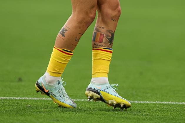 A tattoo on the leg of Nicolae Stanciu of Romania Romania v Netherlands, UEFA European Championship, EM, Europameisterschaft 2024, Round of 16, Football, Munich Football Arena, Munich, Germany - 02 Jul 2024 EDITORIAL USE ONLY No use with unauthorised audio, video, data, fixture lists, club league logos or live services. Online in-match use limited to 120 images, no video emulation. No use in betting, games or single club league player publications. Copyright: xPaulxCurrie Shutterstockx 14566647da