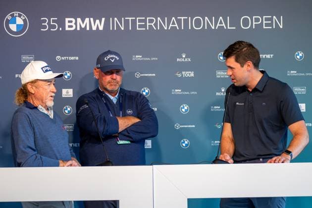 f l Miguel Angel Jimmenez, Thomas Bjoern in an interview with Tim Holzmueller, Press Spokesman BMW Group Sport Engagement, BMW International Open 2024, Golf, 03 07 2024 Munich Bavaria Germany Copyright: xkolbert-press UlrichxGamelx