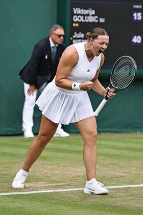 Jule Niemeier, GER, during rain delayed first round of 2024 All England Lawn Tennis Championships at Wimbledon, womens singles, London, 03 07 2024