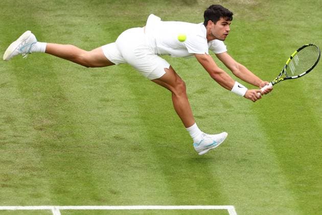 3rd July 2024; All England Lawn Tennis and Croquet Club, London, England; Wimbledon Tennis Tournament, Day 3; Carlos Alcaraz (ESP) in action during his second round match against Aleksander Vukic (AUS)  ActionPlus12663235 ShaunxBrooks