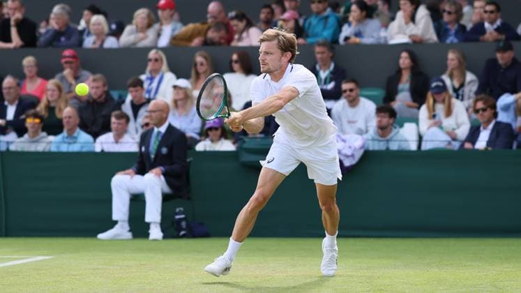 Belgian David Goffin pictured in action during a tennis match against Czech Machac, in the first round of the men s singles competition of the 2024 Wimbledon grand slam tournament at the All England Tennis Club, in south-west London, Britain, Wednesday 03 July 2024. BENOITxDOPPAGNE  x95772013x