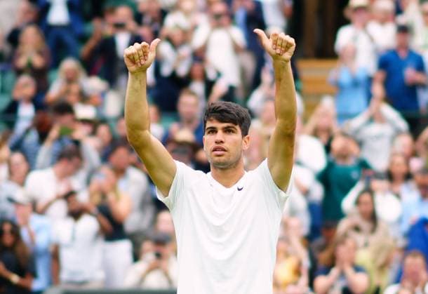 Carlos Alcaraz celebrates victory in his second round match Wimbledon Tennis Championships, Day 3, The All England Lawn Tennis and Croquet Club, London, UK - 03 Jul 2024  Copyright: xJavierxGarcia Shutterstockx 14568269ds