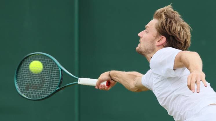 Belgian David Goffin pictured in action during a tennis match against Czech Machac, in the first round of the men s singles competition of the 2024 Wimbledon grand slam tournament at the All England Tennis Club, in south-west London, Britain, Wednesday 03 July 2024. BENOITxDOPPAGNE  x95774945x