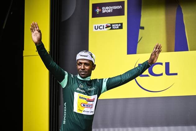 Eritrean Biniam Girmay Hailu of Intermarche-Wanty pictured on the podium after stage 5 of the 2024 Tour de France cycling race, from Saint-Jean-de-Maurienne to Saint-Vulbas, France (177,4 km) on Wednesday 03 July 2024. The 111th edition of the Tour de France starts on Saturday 29 June and will finish in Nice, France on 21 July. JASPERxJACOBS  x95777079x