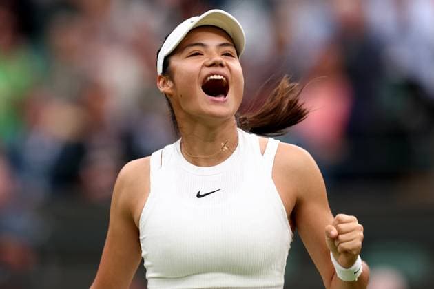 3rd July 2024; All England Lawn Tennis and Croquet Club, London, England; Wimbledon Tennis Tournament, Day 3; Emma Raducanu (GBR) celebrates after she won her second round match against Elise Mertens (BEL)  ActionPlus12663291 ShaunxBrooks