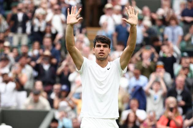 Sport Bilder des Tages 3rd July 2024; All England Lawn Tennis and Croquet Club, London, England; Wimbledon Tennis Tournament, Day 3; Carlos Alcaraz (ESP) celebrates after he won his second round match against Aleksandar Vukic (AUS)  ActionPlus12663306 ShaunxBrooks