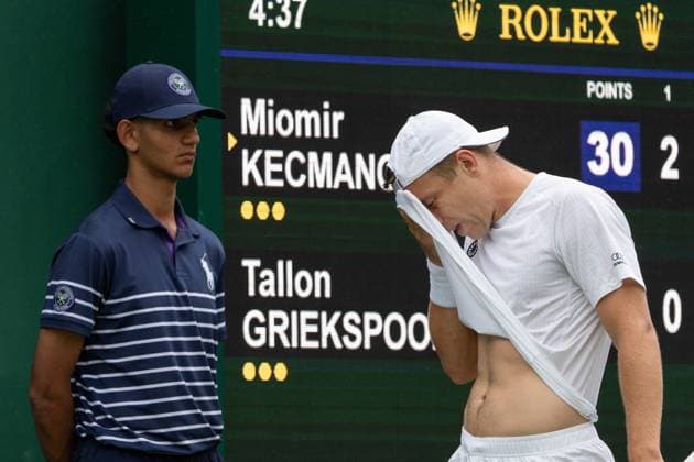 2024-07-03 The Championships Wimbledon 2024 Day 3 LONDON, ENGLAND - JULY 3: Tallon Griekspoor of the Netherlands looks dejected on Day 3 of The Championships Wimbledon 2024 at All England Lawn Tennis and Croquet Club on July 3, 2024 in London, England. (Photo by Marleen Fouchier BSR Agency) London England Content not available for redistribution in The Netherlands directly or indirectly through any third parties. Copyright: xBSRxAgencyx