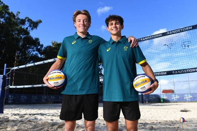 AUSTRALIAN OLYMPIC Beach volleyball, Beachvolleyball TEAM, Izac Carracher and Mark Nicolaidis pose for a photo after being announced for the final selection of Australian Olympic Team beach volleyballers for the Paris Olympics at the Sandstorm Beach Volleyball Centre in Brisbane, Thursday, July 4, 2024. ( NO ARCHIVING, EDITORIAL USE ONLY, NO USE IN BOOKS WITHOUT CONSENT BRISBANE QUEENSLAND AUSTRALIA  Copyright: xJONOxSEARLEx 20240704152271424335