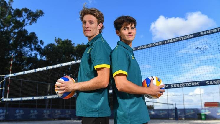 AUSTRALIAN OLYMPIC Beach volleyball, Beachvolleyball TEAM, Izac Carracher and Mark Nicolaidis pose for a photo after being announced for the final selection of Australian Olympic Team beach volleyballers for the Paris Olympics at the Sandstorm Beach Volleyball Centre in Brisbane, Thursday, July 4, 2024. ( NO ARCHIVING, EDITORIAL USE ONLY, NO USE IN BOOKS WITHOUT CONSENT BRISBANE QUEENSLAND AUSTRALIA  Copyright: xJONOxSEARLEx 20240704156369180844