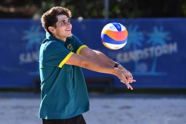 AUSTRALIAN OLYMPIC Beach volleyball, Beachvolleyball TEAM, Mark Nicolaidis is seen playing a volleyball shot after being announced for the final selection of Australian Olympic Team beach volleyballers for the Paris Olympics at the Sandstorm Beach Volleyball Centre in Brisbane, Thursday, July 4, 2024. ( NO ARCHIVING, EDITORIAL USE ONLY, NO USE IN BOOKS WITHOUT CONSENT BRISBANE QUEENSLAND AUSTRALIA  Copyright: xJONOxSEARLEx 20240704183664228292