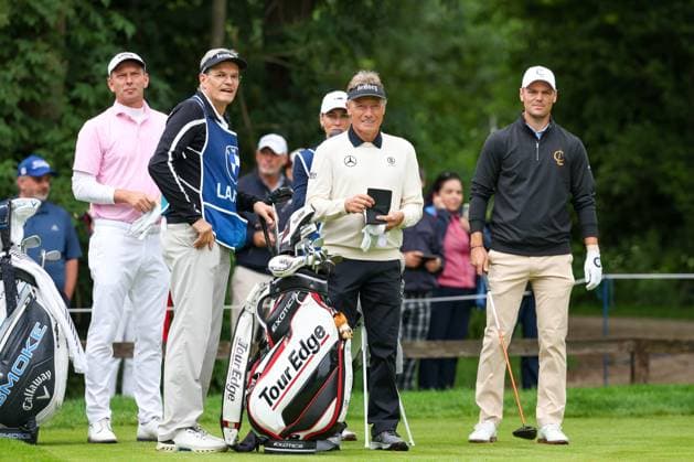 l r Marcel Siem GER , Bernhard Langer GER , Martin Kaymer GER , BMW International Open 2024, Golf, DP World Tour, Men, Round 1, 04 07 2024 Eichenried Bayern Germany Copyright: xkolbert-press ChristianxKolbertx