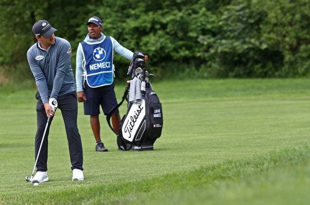 GOLF - BMW International Open 2024 MUNICH,GERMANY,04.JUL.24 - GOLF - DP World Tour, BMW International Open, GC Eichenried. Image shows Lukas Nemecz (AUT) and his caddy.  GEPAxpictures xThomasxBachun