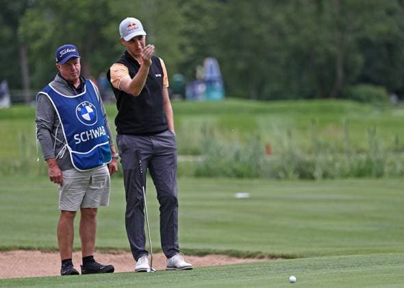 GOLF - BMW International Open 2024 MUNICH,GERMANY,04.JUL.24 - GOLF - DP World Tour, BMW International Open, GC Eichenried. Image shows Matthias Schwab (AUT) and his caddy.  GEPAxpictures xThomasxBachun