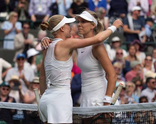 Lawn Tennis - 2024 Wimbledon Championship Katie Boulter (GBR) v Harriet Dart (GBR)- All England Lawn Tennis & Croquet Club - Thursday 4th July 2024 Katie Boulter congratulates Harriet Dart at the net after the match 