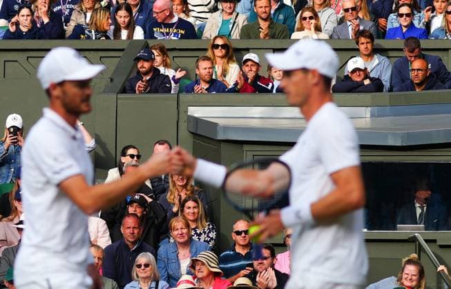 Andy Murray and Jamie Murray during their Men s Doubles first round match, watched by Judy Murray, Kim Murray and children Wimbledon Tennis Championships, Day 4, The All England Lawn Tennis and Croquet Club, London, UK - 04 Jul 2024  Copyright: xJavierxGarcia Shutterstockx 14569389gz