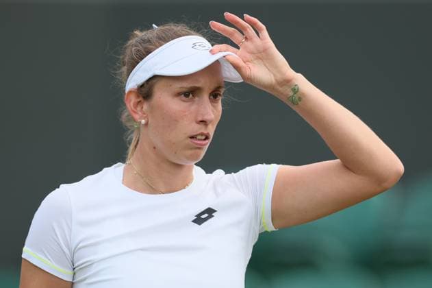 Belgian Elise Mertens pictured in action during a doubles tennis match between Belgian-Taiwanese pair Mertens-Hsieh and US pair Barnett-Christie, in round 1 of the women s doubles of the 2024 Wimbledon grand slam tournament at the All England Tennis Club, in south-west London, Britain, Thursday 04 July 2024. BENOITxDOPPAGNE  x95832988x