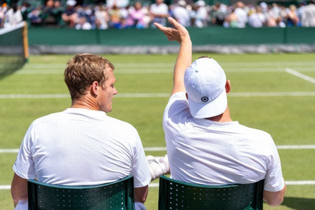 2024-07-04 The Championships Wimbledon 2024 Day 4 LONDON, UNITED KINGDOM - JULY 4: Bart Stevens of the Netherlands interacts with Tallon Griekspoor of the Netherlands on Day 4 of The Championships Wimbledon 2024 at All England Lawn Tennis and Croquet Club on July 4, 2024 in London, United Kingdom. (Photo by Marleen Fouchier BSR Agency) London United Kingdom Content not available for redistribution in The Netherlands directly or indirectly through any third parties. Copyright: xBSRxAgencyx