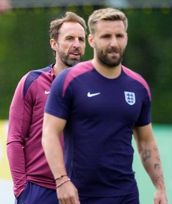 EURO 2024, Nationalteam England Training Gareth Southgate of England, Luke Shaw of England England Training, UEFA European Championship, EM, Europameisterschaft 2024, Quarter Final, Football, Spa & Golf Resort Weimarer Land, Blankenhain, Germany, 05 Jul 2024 EDITORIAL USE ONLY No use with unauthorised audio, video, data, fixture lists, club league logos or live services. Online in-match use limited to 120 images, no video emulation. No use in betting, games or single club league player publications. Copyright: xDavexShopland Shutterstockx 14568246n