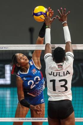 (240705) -- MANILA, July 5, 2024 -- Grace Mar Lopez Villanueva (L) of Puerto Rico spikes the ball during the match between Puerto Rico and Kenya at the FIVB Women s Volleyball Challenger Cup 2024 in Manila, the Philippines, on July 4, 2024. ) (SP)PHILIPPINES-MANILA-VOLLEYBALL-FIVB WOMEN S CHALLENGER CUP 2024-PUERTO RICO VS KENYA ROUELLExUMALI 