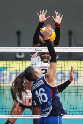 (240705) -- MANILA, July 5, 2024 -- Pamella Adhiambo Owino (back) of Kenya tries to block the ball against Paola Nicole Santiago Cabrera of Puerto Rico during the match between Puerto Rico and Kenya at the FIVB Women s Volleyball Challenger Cup 2024 in Manila, the Philippines, on July 4, 2024. ) (SP)PHILIPPINES-MANILA-VOLLEYBALL-FIVB WOMEN S CHALLENGER CUP 2024-PUERTO RICO VS KENYA ROUELLExUMALI 