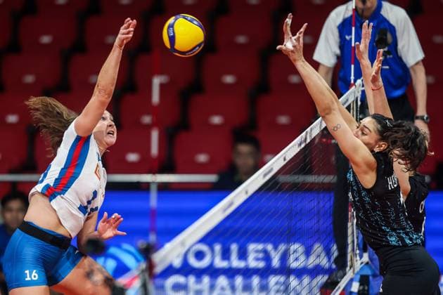 (240705) -- MANILA, July 5, 2024 -- Michaela Mlejnkova (L) of Czech Republic spikes the ball during the match between the Czech Republic and Argentina at the FIVB Women s Volleyball Challenger Cup 2024 in Manila, the Philippines, July 5, 2024. ) (SP)PHILIPPINES-MANILA-VOLLEYBALL-FIVB WOMEN S CHALLENGER CUP 2024-CZECH REPUBLIC VS ARGENTINA ROUELLExUMALI 
