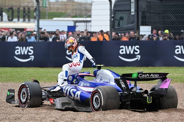5th July 2024; Silverstone Circuit, Northamptonshire, England; Formula 1 2024 Qatar Airways British F1 Grand Prix; Free Practice Day; Yuki Tsunoda (22) of RB in the RB VCARB 01 car spins off the track into the gravel during the first practice session  ActionPlus12664147 SimonxWest