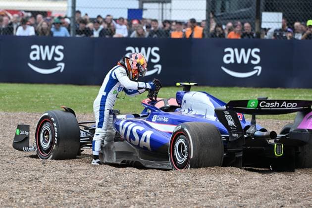 5th July 2024; Silverstone Circuit, Northamptonshire, England; Formula 1 2024 Qatar Airways British F1 Grand Prix; Free Practice Day; Yuki Tsunoda (22) of RB in the RB VCARB 01 car spins off the track into the gravel during the first practice session  ActionPlus12664148 SimonxWest