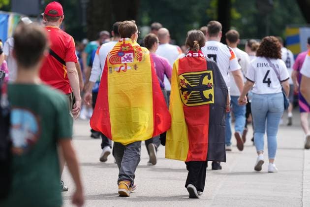 German and Spanish fans united on the way to the Stuttgart stadium 05 07 2024 Germany vs Spain, EURO2024, quarter-finals, M45, EM Arena Stuttgart
