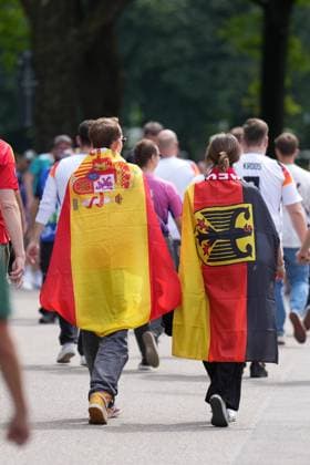 German and Spanish fans united on the way to the Stuttgart stadium 05 07 2024 Germany vs Spain, EURO2024, quarter-finals, M45, EM Arena Stuttgart